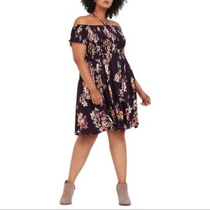 Torrid “Burgundy Purple Floral Halter Smocked Dress” Sundress Off  Shoulder 1X